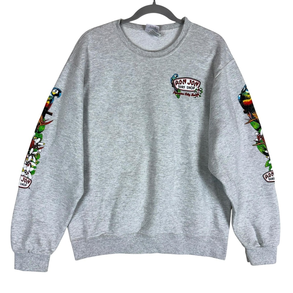 Ron Jon Surf Shop Sweatshirt Mens Medium Gray Parrot Panama City Beach VTG Y2K
